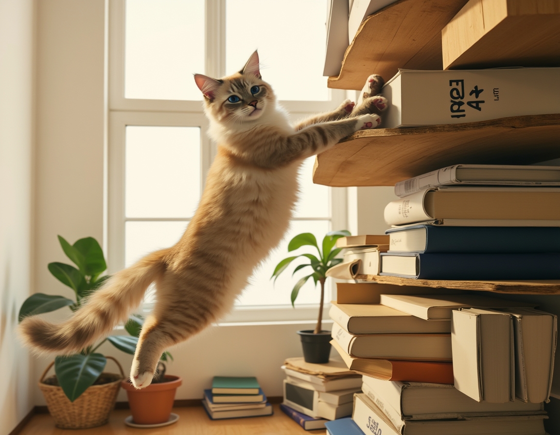 Cat leaps toward a tall shelf filled with books, plants, and framed photos. The room is well-lit with natural light, highlighting the cat’s graceful movement.